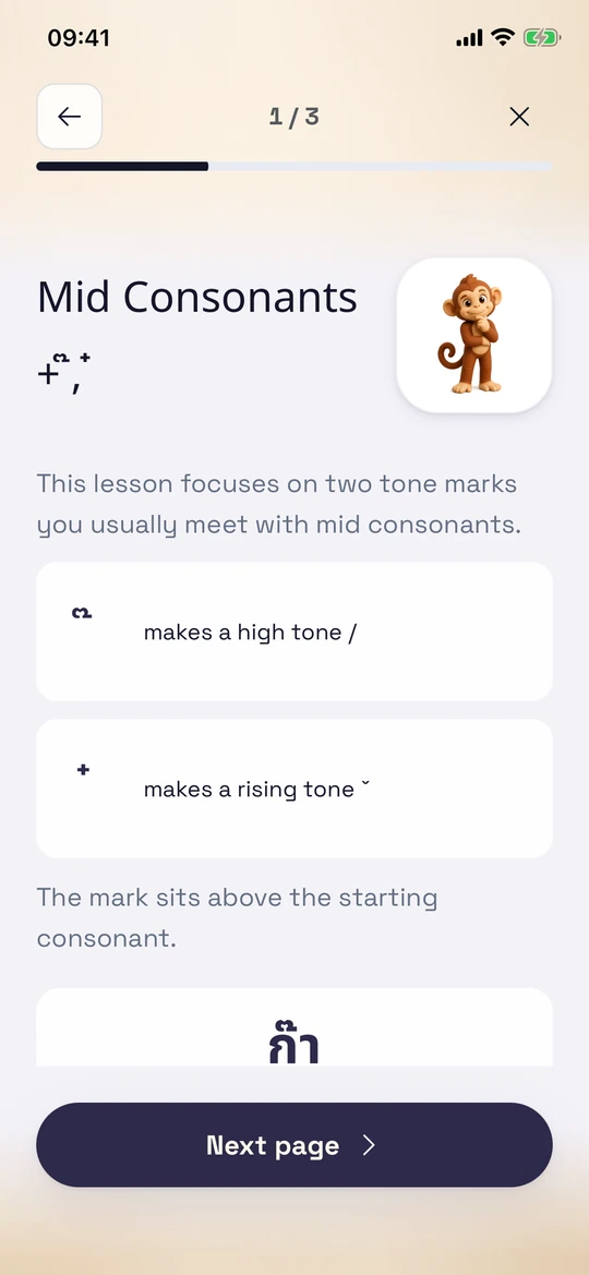 ThaiHabit lesson screen explaining mid-consonant tone marks