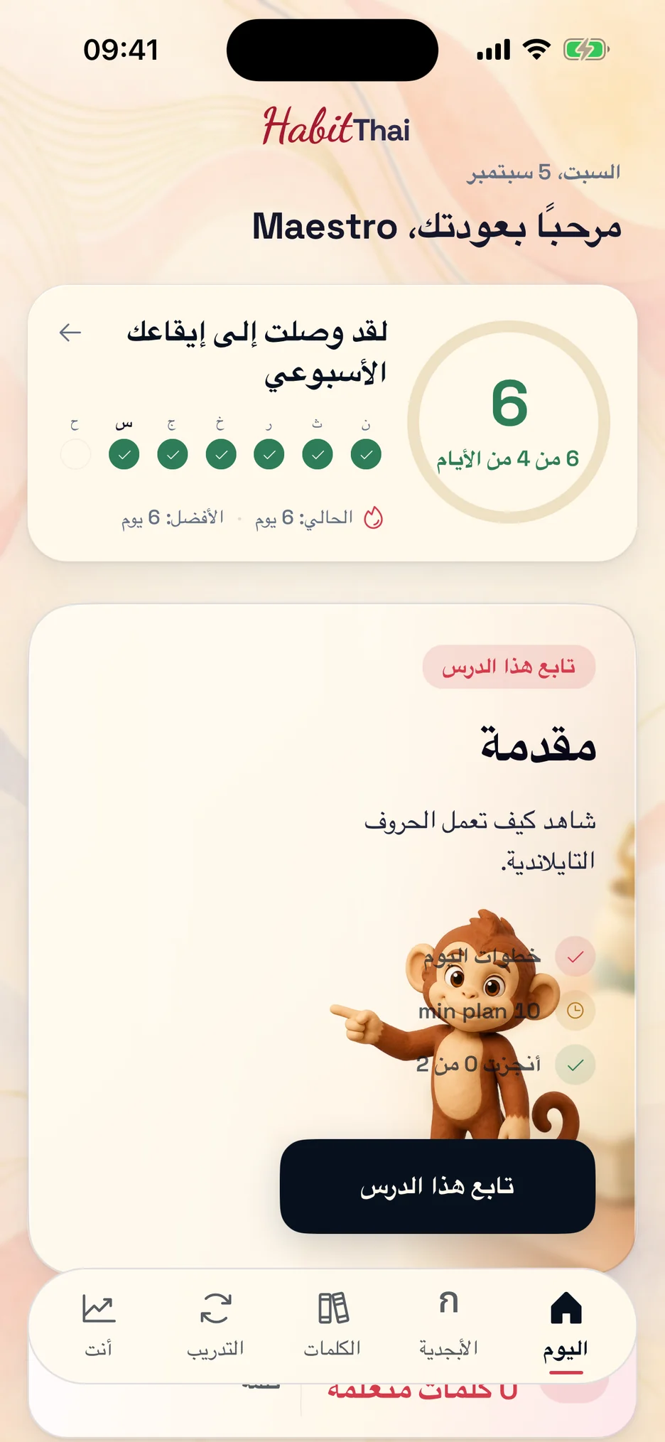شاشة اليوم في ThaiHabit مع تدريبات مقترحة