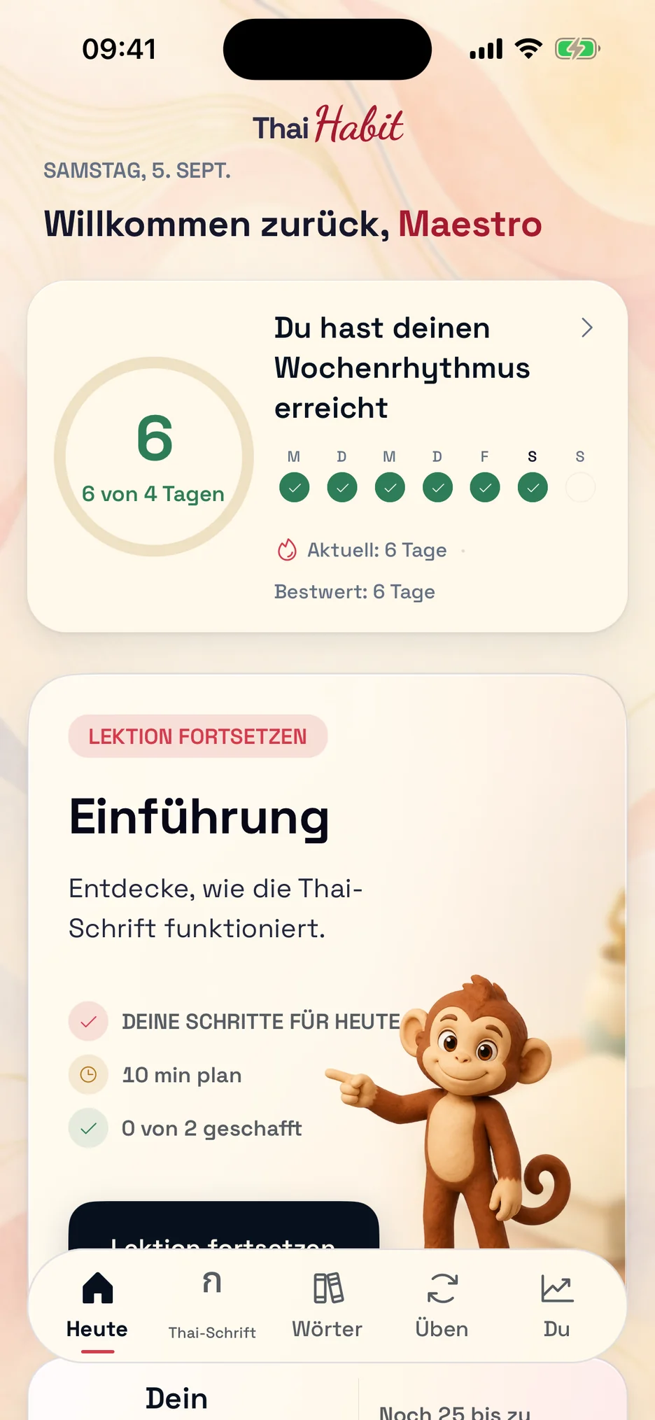 Heute-Ansicht von ThaiHabit mit empfohlenen Übungen