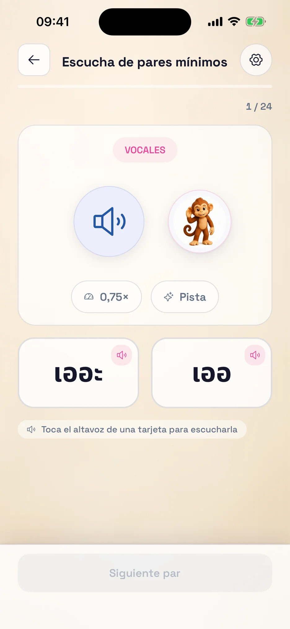 Pantalla de práctica de escucha de ThaiHabit