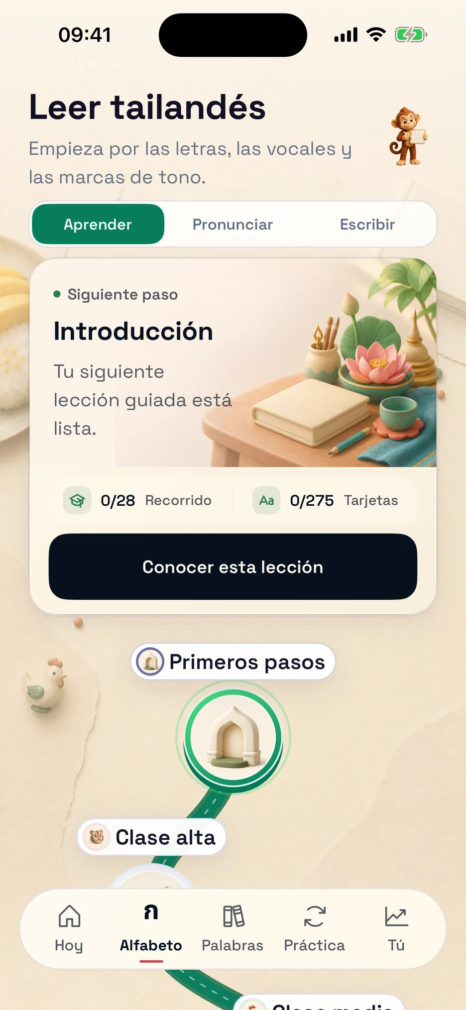 Pantalla del recorrido de aprendizaje de ThaiHabit