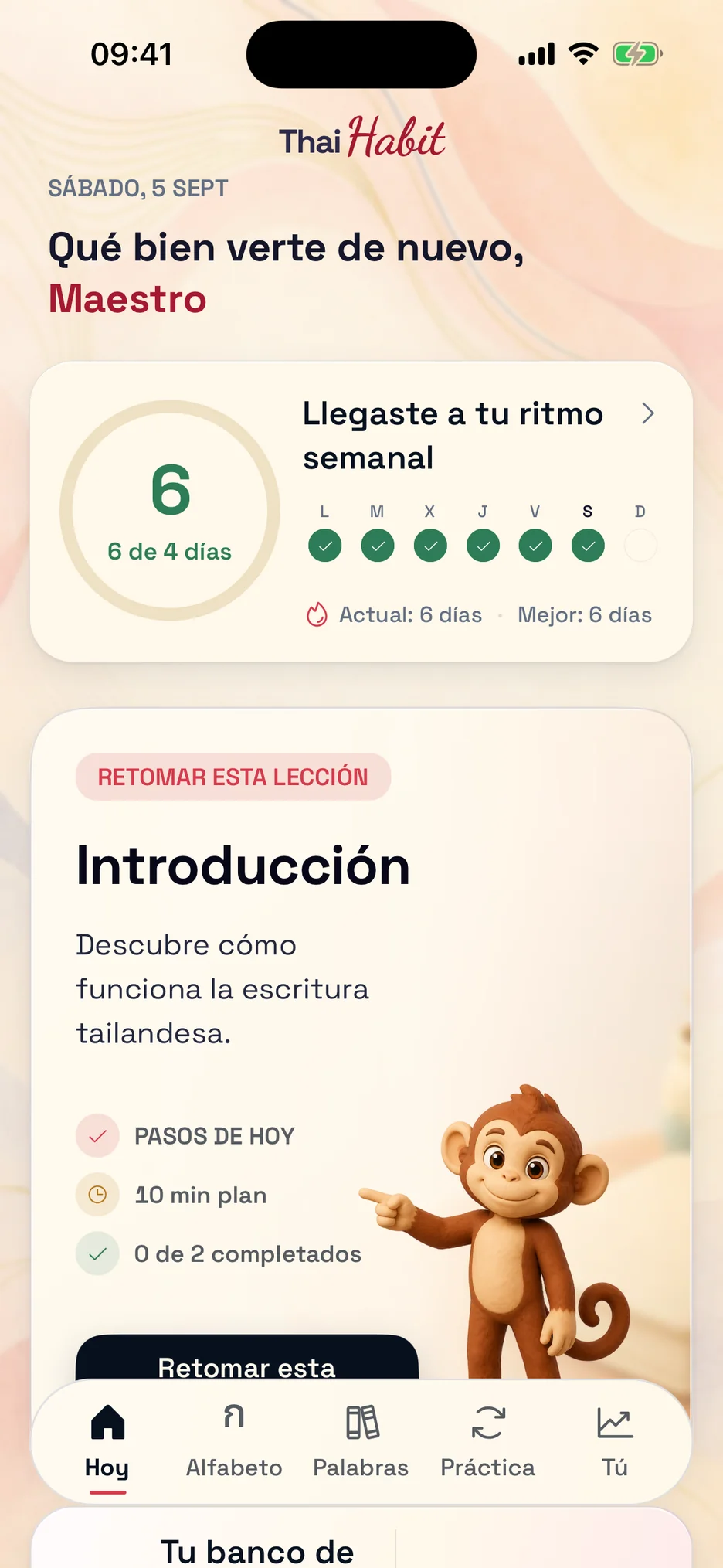 Pantalla Hoy de ThaiHabit con práctica recomendada