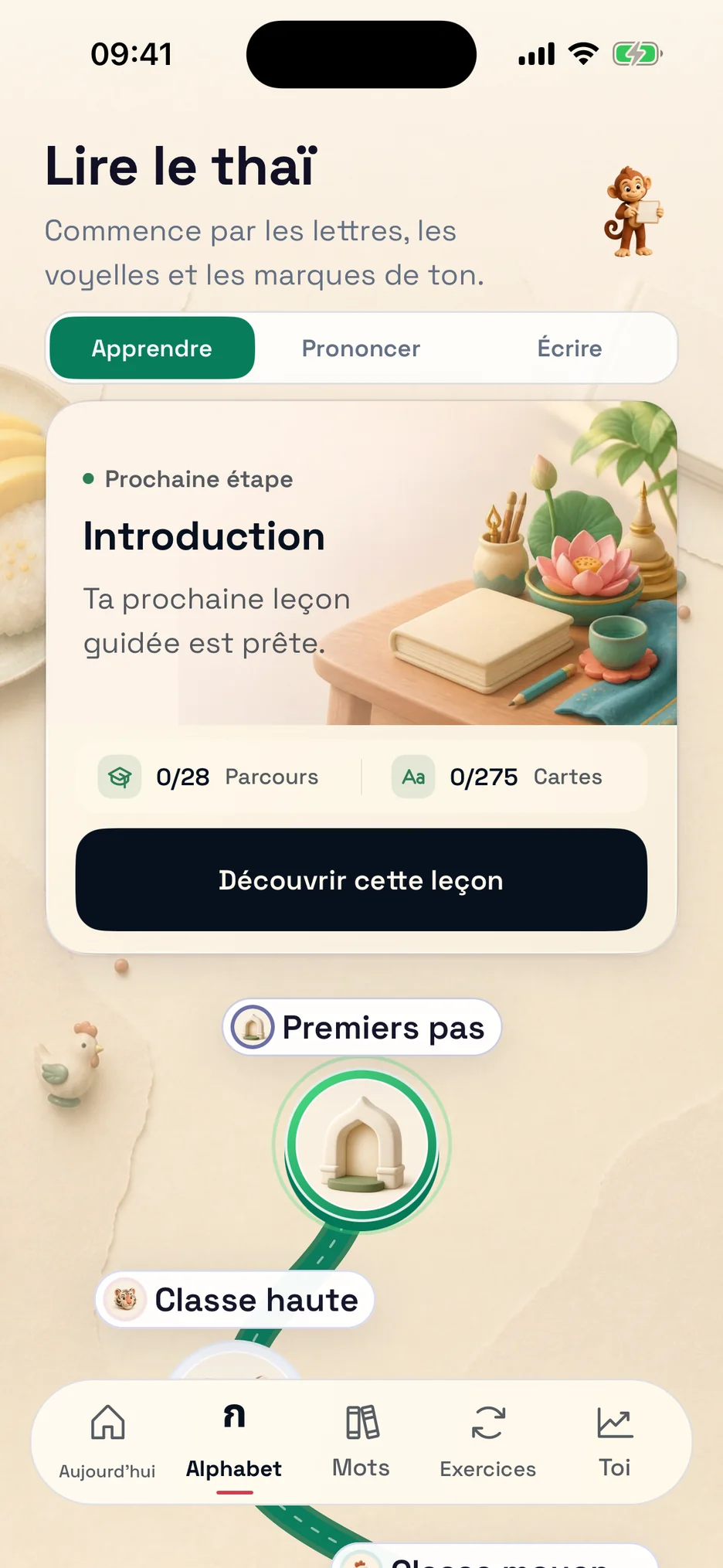 Écran du parcours d’apprentissage ThaiHabit
