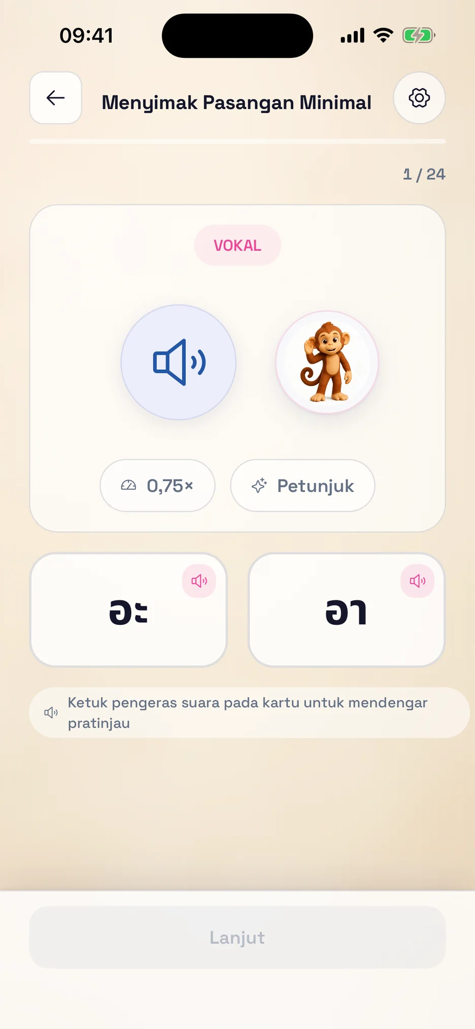 Tampilan latihan mendengar ThaiHabit