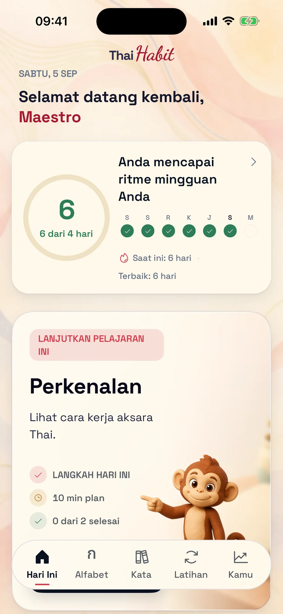 Tampilan Hari Ini ThaiHabit dengan latihan yang direkomendasikan