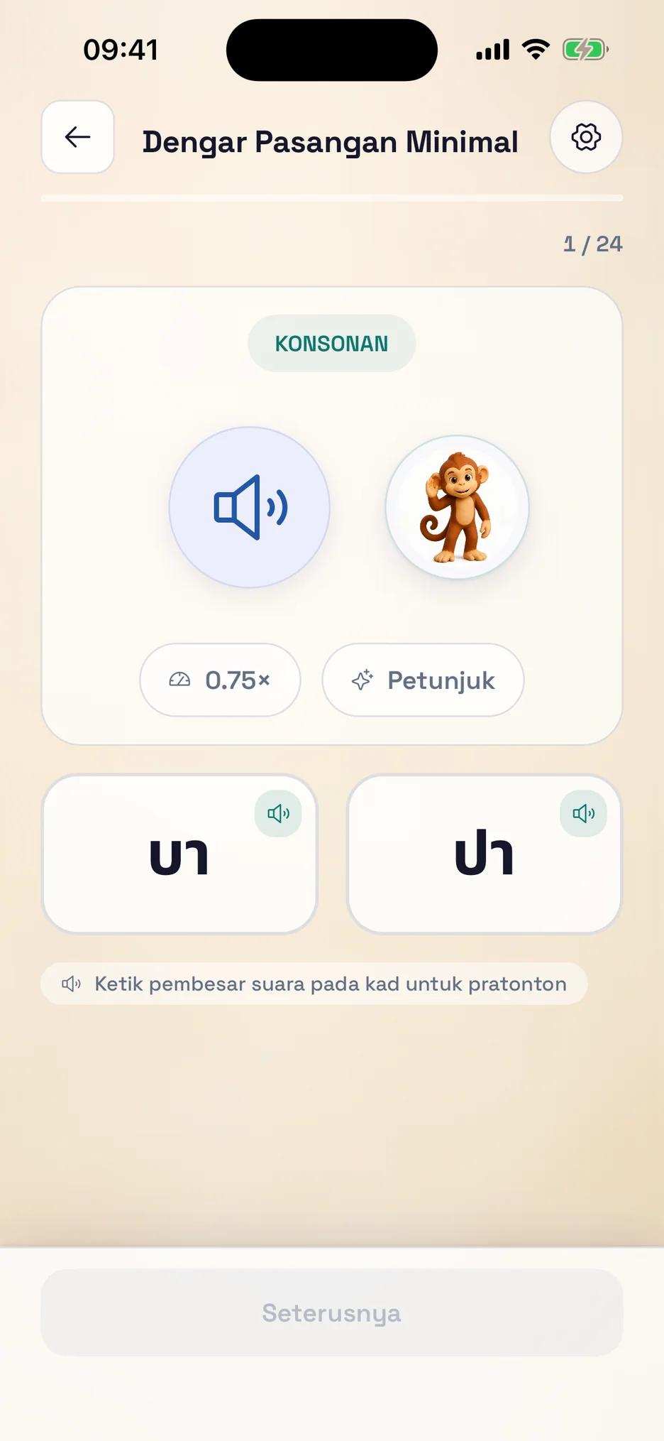 Skrin latihan mendengar ThaiHabit