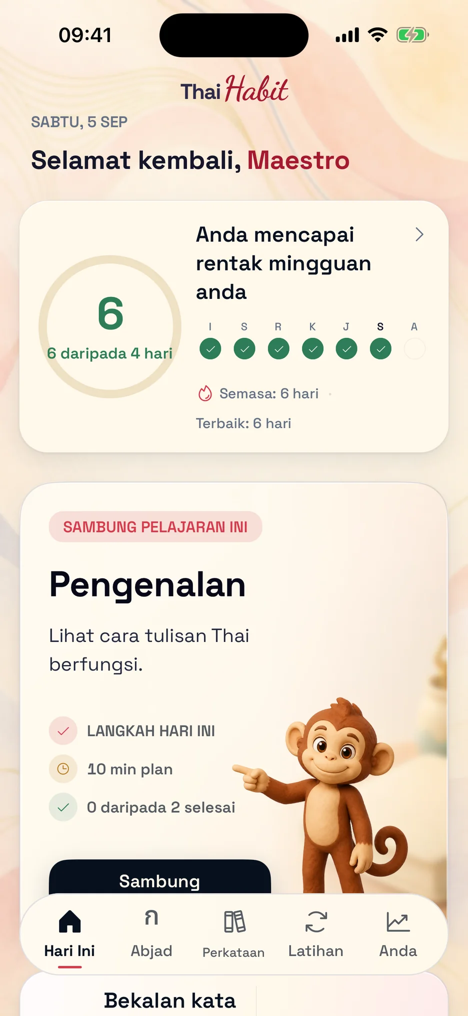 Skrin Hari Ini ThaiHabit dengan latihan yang disyorkan