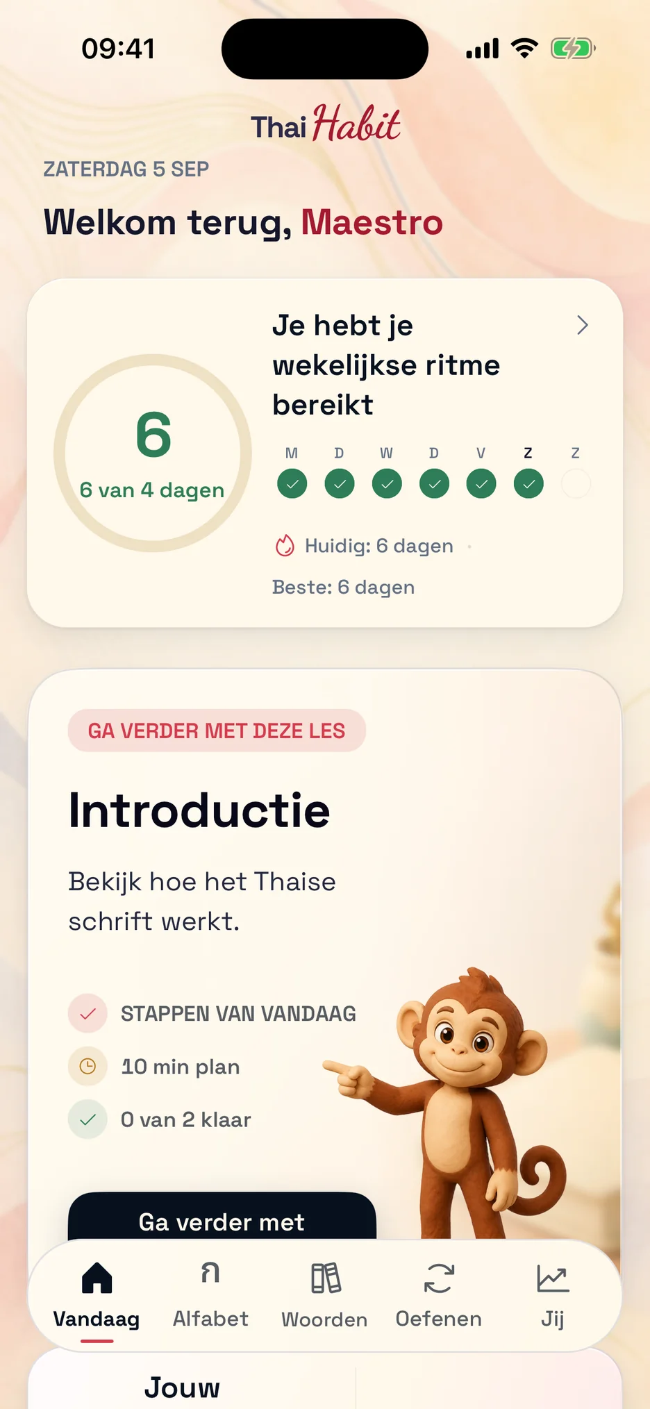 Vandaag-scherm van ThaiHabit met aanbevolen oefeningen