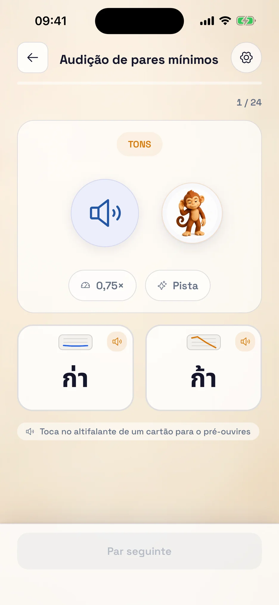 Ecrã de exercícios de compreensão oral do ThaiHabit