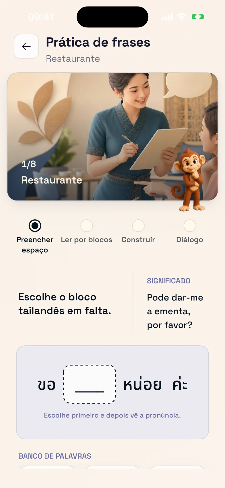 Prática guiada de frases no ThaiHabit
