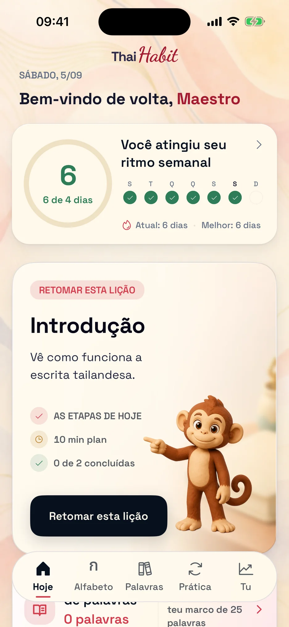 Ecrã Hoje do ThaiHabit com exercícios recomendados