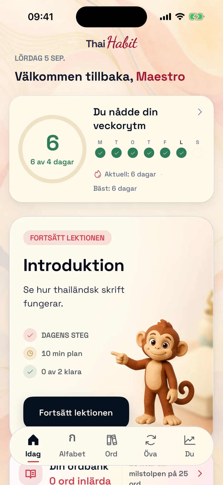 ThaiHabits I dag-skärm med rekommenderade övningar